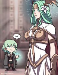  breasts byleth_eisner cape clothed electrickronos empty_eyes expressionless female_only femdom femsub fire_emblem fire_emblem_three_hopes fire_emblem_three_houses flower green_eyes green_hair hair_ornament long_hair magic nintendo rhea_(fire_emblem_three_houses) smile smirk speech_bubble tagme text wings 