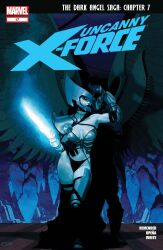 alternate_costume apocalypse_(marvel) archangel_(marvel) breasts cleavage comic corruption cover esad_ribic glowing hand_on_head helmet looking_back marvel_comics official psylocke text thighs underwear wings x-men