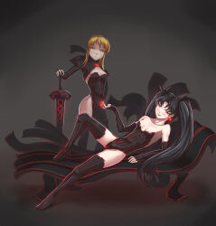  angra_mainyu black_hair corruption earrings fate/stay_night fate_(series) female_only femdom femsub jewelry leebigtree long_hair possession red_eyes rin_tohsaka saber saber_alter short_hair sword thighhighs twintails weapon yellow_eyes 