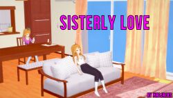  ahoge aware brown_hair clothed cover english_text female_only green_eyes long_hair mad_jacks original sisters text 