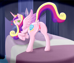  animals_only anus bed blonde_hair blush browned_toast crown female_only femsub green_eyes happy_trance heart heart_eyes hooves horns jewelry long_hair multicolored_hair my_little_pony non-human_feet pillow pink_hair princess princess_cadance purple_hair symbol_in_eyes wings 
