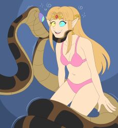 blonde_hair blue_background circlet cleavage femsub kaa kaa_eyes long_hair nintendo plsgts princess_zelda small_breasts snake the_jungle_book the_legend_of_zelda