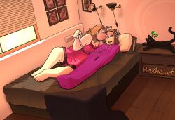  babydoll bare_legs barefoot bed bedroom brushie_art cat cleavage clothed collar complex_background crossed_eyes drool feet female_only femdom femsub glasses happy_trance heart kissing leash lying on_back open_mouth original restrained smile spiral text 