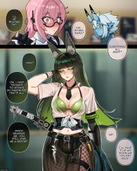  abscord absurdres animal_ears blue_skin blush bra breasts brown_hair cleavage corruption english_text ethereal_(zenless_zone_zero) eyeshadow fishnets gloves green_eyes green_hair hoshimi_miyabi lipstick multicolored_hair multiple_girls panties parasite pink_hair possession see-through soukaku_(zenless_zone_zero) speech_bubble tsukishiro_yanagi zenless_zone_zero 