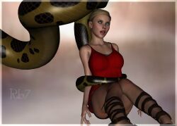3d blonde_hair breasts coils dazed femsub gladiator_sandals hypnotic_eyes kaa_eyes large_breasts open_mouth rh70 short_shorts sitting snake tail tank_top