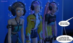 3d bare_shoulders black_hair choker clothed crossed_eyes dazed dialogue expressionless female_only femsub hair_buns happy_trance headphones hypnolordx hypnotic_music jacket kpop_demon_hunters leaning_forward lipstick long_hair makeup mira_(kpop_demon_hunters) necklace open_mouth pants pink_hair ponytail purple_hair rumi_(kpop_demon_huunters) shorts signature skirt smile source_filmmaker sparkle speech_bubble spiral_eyes symbol_in_eyes text very_long_hair zoey_(kpop_demon_hunters)