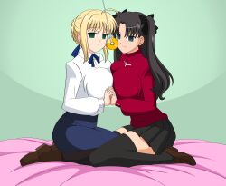 absurdres black_hair blonde_hair breast_press breasts empty_eyes fate/stay_night fate_(series) female_only femsub green_eyes happy_trance jimryu large_breasts long_hair pantyhose pendulum ribbon rin_tohsaka saber smile symmetrical_docking thighhighs twintails