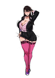  ahegao altered_common_sense arms_above_head black_hair blush breasts brown_hair choker cleavage collarbone earrings female_only femsub happy_trance high_heels huge_breasts legs long_hair miniskirt mole netorare office_lady original red_eyes short_skirt simple_background skirt solo takeda_hiromitsu thighhighs unaware white_background 