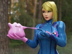  3d assimilation before_and_after blonde_hair blue_eyes crossover ditto female_only lipstick metroid_(series) mole nautilic nintendo outdoors pokemon pokemon_(creature) ponytail samus_aran solo watermark zero_suit 