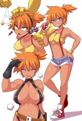  before_and_after blush breast_expansion breasts clothed_exposure coin comic dark_skin dazed empty_eyes eye_roll femsub glowing glowing_eyes happy_trance headphones hypno hypnotic_audio hypnotic_music jean_shorts konno_tohiro large_breasts manip midriff misty nintendo open_mouth orange_hair pendulum pokeball pokemon pokemon:_the_electric_tale_of_pikachu pokemon_(anime) pokemon_(creature) saluting short_hair small_breasts suspenders sweat swimsuit 