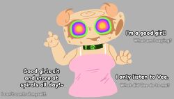  anonymous_artist collar confused control_collar dandy's_world dog_girl drool femsub hypnotic_accessory kaa_eyes pet_play shelly_(dandy's_world) sweat text transformation vee_(dandy's_world) 