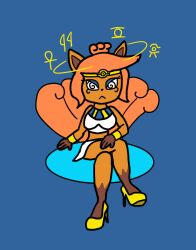  bare_legs bare_shoulders blaze_(blazevulpix) blazevulpix blue_background breasts clothed crossed_legs egyptian eyeshadow female_only femsub furry high_heels legs makeup nintendo original pokemon pokemon_(creature) pokemon_red_green_blue_and_yellow simple_background sitting solo spiral_eyes vulpix 