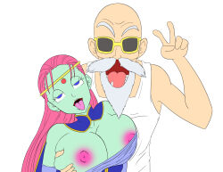 absurdres breasts breasts_outside caway crown dragon_ball dragon_ball_super empty_eyes femsub green_skin happy_trance heterosexual holding_breasts jewelry large_breasts long_hair maledom master_roshi neo-izayoi open_clothes pink_hair tongue tongue_out 