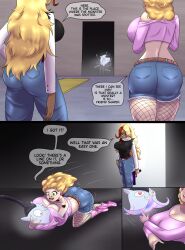  comic huge_ass huge_breasts hypnotic_tentacle hypnotico jean_shorts jeans large_ass large_breasts monster text 