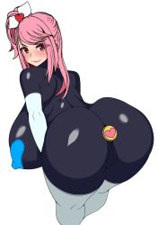  ass blush bodysuit boots breasts butt_plug cameltoe erect_nipples erect_nipples_under_clothes female_only femsub frozen_gingasan gloves gunslinger_stratos hair_ornament huge_ass huge_breasts kyoka_katagiri latex long_hair looking_at_viewer looking_back opera_gloves pasties pink_hair red_eyes ribbon rubber side_ponytail simple_background smile solo thigh_boots thighhighs white_background 