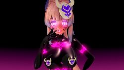  3d black_background blue_hair blush bodysuit breasts brown_hair genshin_impact glowing_eyes gradient_background happy_trance koikatsu! latex looking_at_viewer mask midong multicolored_hair pasties pink_background pink_eyes ponytail qos rubber sangonomiya_kokomi simple_background straight-cut_bangs symbol_in_eyes tight_clothing tongue tongue_out 