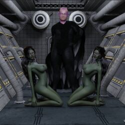3d alien alien_boy alien_girl black_hair collar creativeguy59 elf_ears expressionless feet femsub glowing_eyes green_eyes kneeling maledom multiple_girls multiple_subs nipples nude pink_skin ponytail smirk very_long_hair