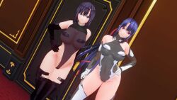  3d before_and_after black_hair blue_eyes blue_hair blush boots custom_maid_3d_2 dfish303 femsub fishnets gloves high_heels leotard long_hair looking_at_viewer opera_gloves pasties pink_eyes ribbon see-through smile thigh_boots thighhighs 