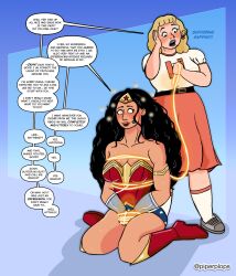 black_hair blonde_hair blush bondage boots comic consensual dazed dc_comics dialogue embarrassed etta_candy female_only femdom femsub glowing_eyes happy_trance kneeling lasso_of_truth long_hair multiple_girls muscle_girl piperplops rope simple_background smile super_hero text wonder_woman