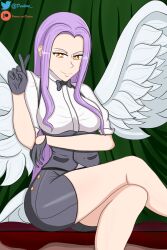 alternate_costume alternate_form angel bare_legs breasts clothed crossed_arms crossed_legs dealore eye_color_change femsub gloves legs ludociel maledom margaret_(the_seven_deadly_sins) possession purple_hair sitting smile the_seven_deadly_sins thighs very_long_hair wings yellow_eyes