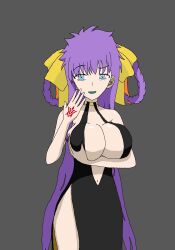 bb_(fate/extra_ccc) blue_eyes body_markings breast_fondling breasts cleavage clothed command_seal dress eye_color_change fate/extra_ccc fate/grand_order fate_(series) femsub grey_background hair_ribbon holding_breasts hypnotic_tattoo justlooking727 large_breasts maledom multicolored_eyes pink_eyes possession purple_hair ribbon ritsuka_fujimaru_(male) simple_background smug tattoo thighs very_long_hair