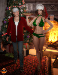 absurdres bikini bikini_bottom bikini_top christmas christmas_tree collar duster_(dangerguy01) expressionless high_heels hypnotic_accessory long_hair midriff nail_polish pizza red_hair red_lipstick