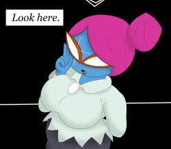 arms_behind_back bangs black_background blue_skin femdom glasses glowing_eyes hair_buns large_breasts lipstick looking_at_viewer nastasia nintendo open_mouth pants paper_mario pink_hair pov pov_sub projectfuntime super_mario_bros. super_paper_mario text 