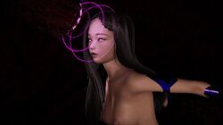3d animated animated_gif arm_bands arms_behind_back black_background black_hair bouncing_breasts closed_eyes clothed_exposure corruption dazed female_only femsub gloves glowing glowing_eyes h._bluejay happy_trance long_hair open_mouth simple_background solo tentacles topless