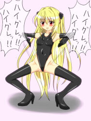  blonde_hair blush boots breasts female_only femsub gloves golden_darkness haigure happy_trance high_heels latex leotard long_hair opera_gloves red_eyes small_breasts solo spread_legs text thigh_boots to_love_ru 