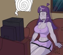  breasts couch expressionless female_only femsub hypnotic_screen lila_(sr_pelo) midriff milf night open_mouth original purple_hair sitting spiral_eyes symbol_in_eyes thick_thighs tonyst0nk tv watermark 