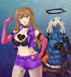 abs akuba alternate_costume belt black_nail_polish blue_lipstick blue_skin breasts brown_eyes brown_hair cleavage clothed corruption double_v enemy_conversion femsub fingerless_gloves gloves guilty_gear halo hand_on_hip happy_chaos happy_trance heart heart_tattoo horns large_breasts lipstick looking_at_viewer makeup maledom may_(guilty_gear) midriff nail_polish navel opera_gloves pantyhose smile tagme tattoo v very_long_hair white_hair