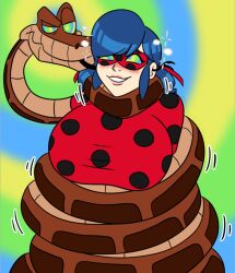  all_the_way_through blue_hair blush bodysuit brain_injection brokenteapot bubble clothed coils crossed_eyes disney femsub happy_trance huge_breasts hypnotic_eyes kaa kaa_eyes marinette_dupain-cheng mask miraculous_ladybug restrained short_hair simple_background smile snake sparkle spiral_background the_jungle_book twintails 