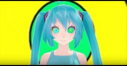  3d ahoge animated animated_eyes_only animated_gif bare_shoulders blue_hair breasts clothed female_only femdom femsub helenahunter kaa_eyes large_breasts looking_at_viewer miku_hatsune miku_hypno smile solo spiral_eyes standing standing_at_attention symbol_in_eyes tank_top twintails vocaloid 
