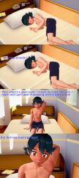  absurdres ash_ketchum awakening aware bed bedroom black_hair brown_eyes closed_eyes dialogue english_text horokeu male_only nintendo pokemon pokemon_(anime) short_hair sleeping solo text underwear 