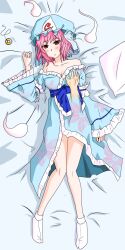 absurdres bed blush breasts coin dazed empty_eyes etlabsotwe expressionless female_only femsub groping hat kimono large_breasts open_mouth pink_hair red_eyes socks tabi touhou yuyuko_saigyouji