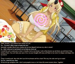  animated animated_gif blonde_hair bouncing_breasts breasts cake caption cleavage femdom food horns huge_breasts hypnotic_breasts hypnotic_voice long_hair looking_at_viewer manip misterman4_(manipper) monster_musume oni_girl pov pov_sub smile spiral text tionishia 
