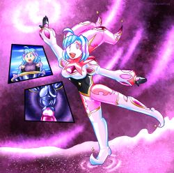  ahoge aurora_(spyralpyra) blue_eyes blue_hair breasts clothed clownification complex_background female_only femsub jester latex mask original sola:_star_defender spiral_eyes spyralpyra transformation 