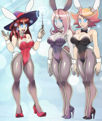  akko_kagari amanda_o&#039;neill bare_shoulders bow bow_tie breasts brown_hair bunny_ears bunny_girl bunnysuit cleavage clothed cuffs drool expressionless female_only femsub glowing_eyes grey_skin happy_trance high_heels hypnotized_hypnotist large_breasts little_witch_academia magic multicolored_hair multiple_girls multiple_subs open_mouth orange_hair pantyhose pink_hair ring_eyes smile spiral_eyes standing standing_at_attention sucy_manbavaran symbol_in_eyes tail witch_hat zorro-zero 