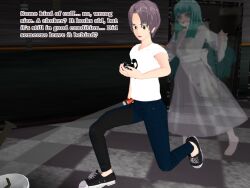 3d brown_hair choker cyan_hair dress flamekin flashlight ghost_girl jeans large_breasts long_hair shirt short_hair sneakers text yellow_eyes