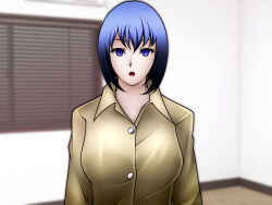 blue_hair clothed empty_eyes female_only femsub miura_hiromichi open_mouth original short_hair teacher