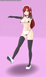  3d apron bikini breasts choker empty_eyes erza_scarlet expressionless fairy_tail female_only femsub gloves hair_covering_one_eye latinkaixa maid maid_headdress micro_bikini navel open_mouth opera_gloves red_eyes red_hair signature simple_background solo tagme thighhighs very_long_hair zombie_walk 