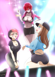 ashley_rosemarry barefoot black_hair blue_eyes blush brown_hair caramel-sheep femdom femsub glasses hair_covering_both_eyes happy_trance hunie_pop king_of_fighters kneeling large_breasts leggings mole multicolored_hair multiple_girls multiple_subs nora_delrio pendulum red_hair shermie_(kof) spiral_eyes stage stage_hypnosis