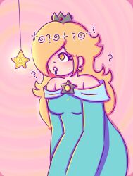  bare_shoulders blonde_hair clothed crown dazed dress drool emblem eyebrows_visible_through_hair female_only femsub hair_covering_one_eye leaning_forward long_hair nintendo pendulum pink_background princess_rosalina ring_eyes simple_background solo spiral_background super_mario_bros. super_mario_galaxy swirlysmiles yellow_eyes 