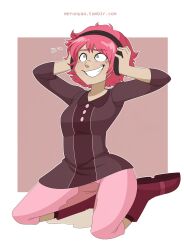 aelita_schaeffer boots breasts code_lyoko corruption female_only femsub headphones hypnotic_audio hypnotic_music merunyaa pink_hair resisting shimi short_hair simple_background small_breasts smile solo sweat symbol_in_eyes unhappy_trance urination wet_clothes white_background x.a.n.a.