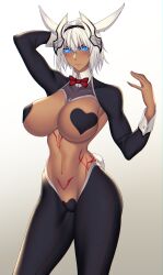  absurdres ass blush breasts bunny_ears bunnysuit caenis_(fate) cero_rains cleavage cuffs dark_skin exposed_chest fate/grand_order fate_(series) female_only femsub glowing glowing_eyes heart_pasties huge_breasts icontrol_(manipper) large_ass large_hips looking_at_viewer manip midriff pasties reverse_bunnysuit short_hair simple_background solo spiral_eyes symbol_in_eyes tattoo thighhighs unhappy_trance white_hair 