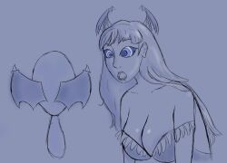  bare_shoulders blue_eyes cleavage clothed collarbone darkstalkers drool female_only femsub kaa_eyes large_breasts leaning_forward long_hair mirror monochrome morrigan_aensland nievart open_mouth ring_eyes self_hypnosis simple_background sketch slouching solo succubus wings 