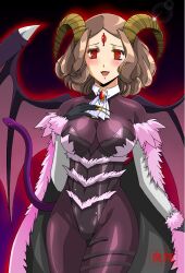 alternate_costume aura baphomet_(megami_tensei) blush breasts brown_hair cleavage corruption femsub fusion glowing glowing_eyes happy_trance haru_okumura hisho horns large_breasts maledom megami_tensei_ii open_mouth persona_(series) persona_5 possession red_eyes short_hair smile snake spiral spiral_eyes wings