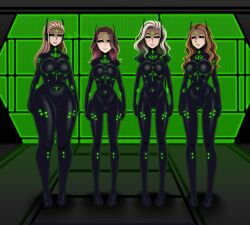 black_sclera blonde_hair brown_hair drone earpiece expressionless freckles green_eyes multicolored_hair multiple_girls multiple_subs original porniky standing standing_at_attention