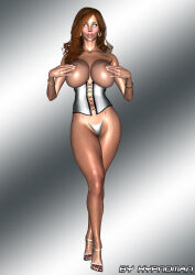  3d bracelet breasts brown_hair cleavage collarbone corset earrings expressionless female_only femsub huge_breasts hypnoman jewelry lingerie long_hair looking_at_viewer open_mouth original priscilla_(hypnoman) ring solo standing thick_thighs thong topless underwear white_eyes 