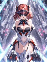  ai_art arms_behind_back blush boots cleavage female_only femsub gloves glowing high_heels koimin4_(generator) large_breasts leotard navel novelai_(ai) open_mouth opera_gloves red_hair short_hair solo standing tech_control thigh_boots thighhighs visor 